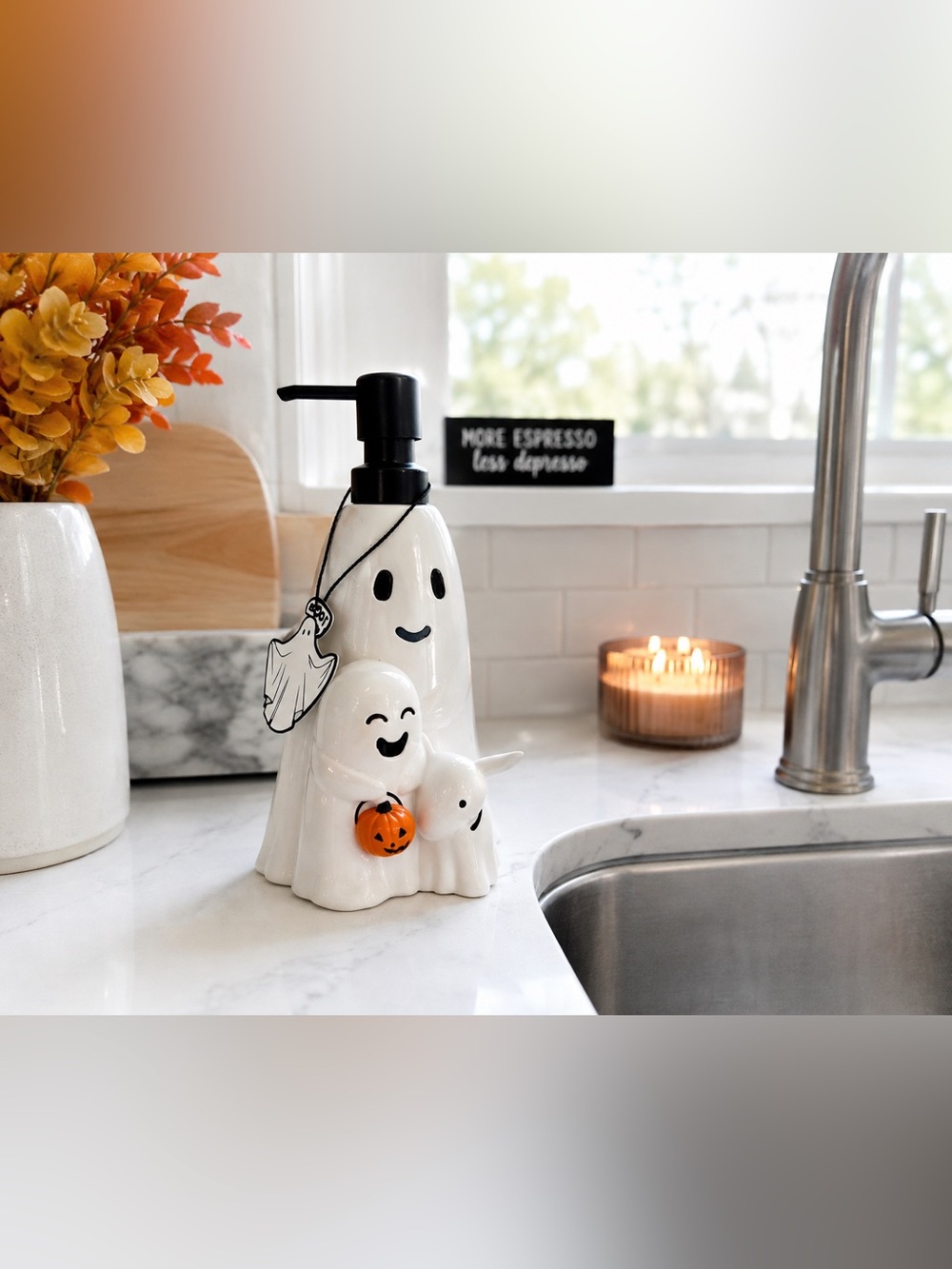 Cute Ghost Family & Puppy Halloween Soap Dispenser White Ceramic Pumpkin Spooky